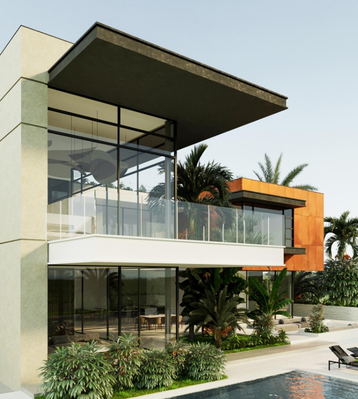 Villa contemporaine design – Cividini Architecture Villa contemporaine avec façade vitrée et terrasse sur piscine, création d’architecte moderne.